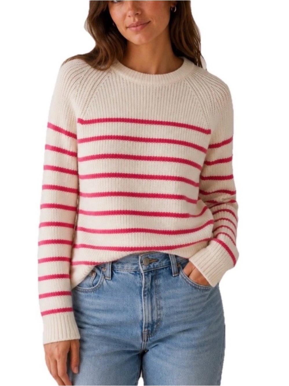 Evereve Campbell Cashmere Striped Cream and Pink Crewneck Pullover Sweater XS